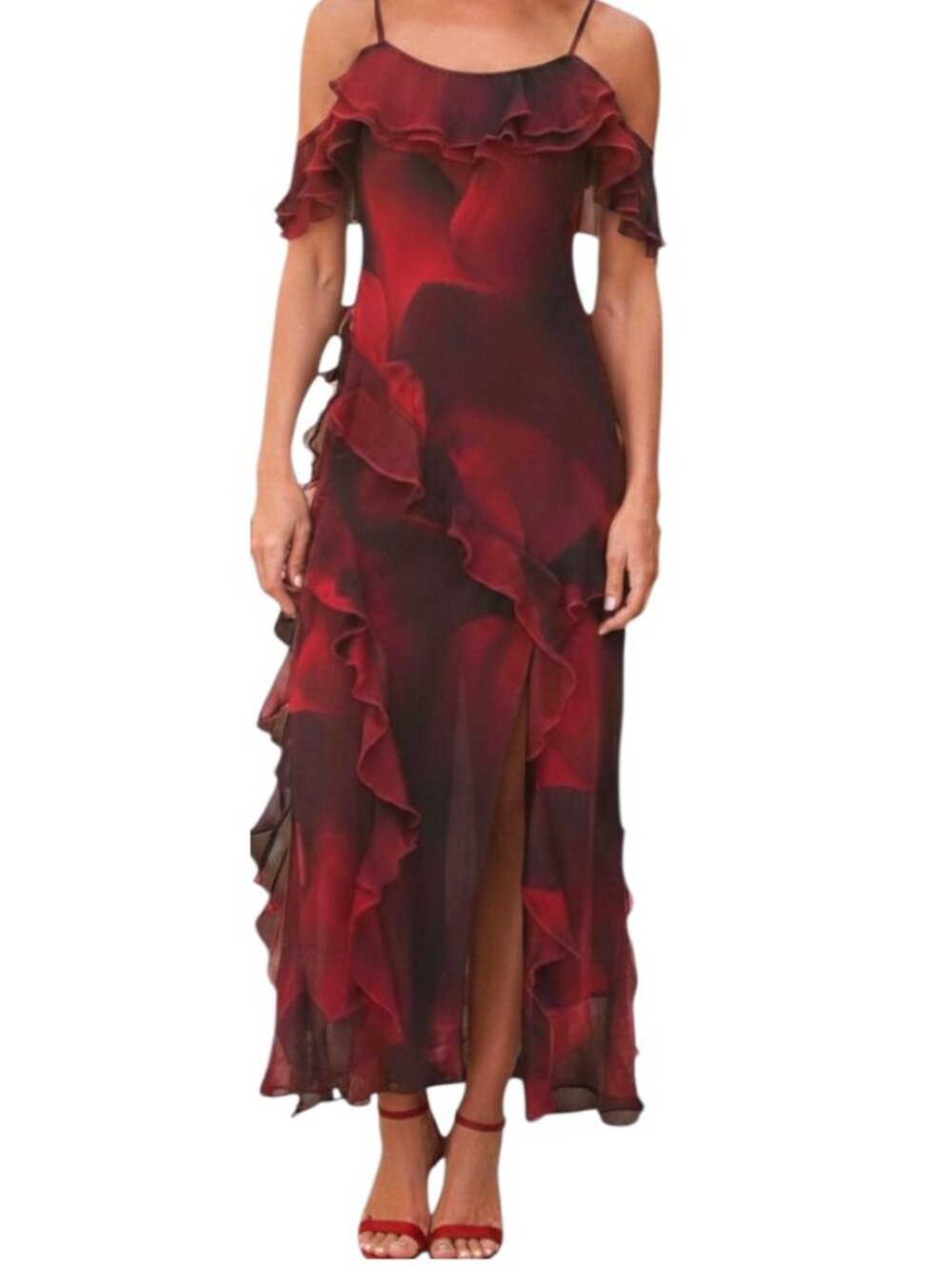 NWT Rita Ora Women’s red and black maxi dress with Ruffles Size 12